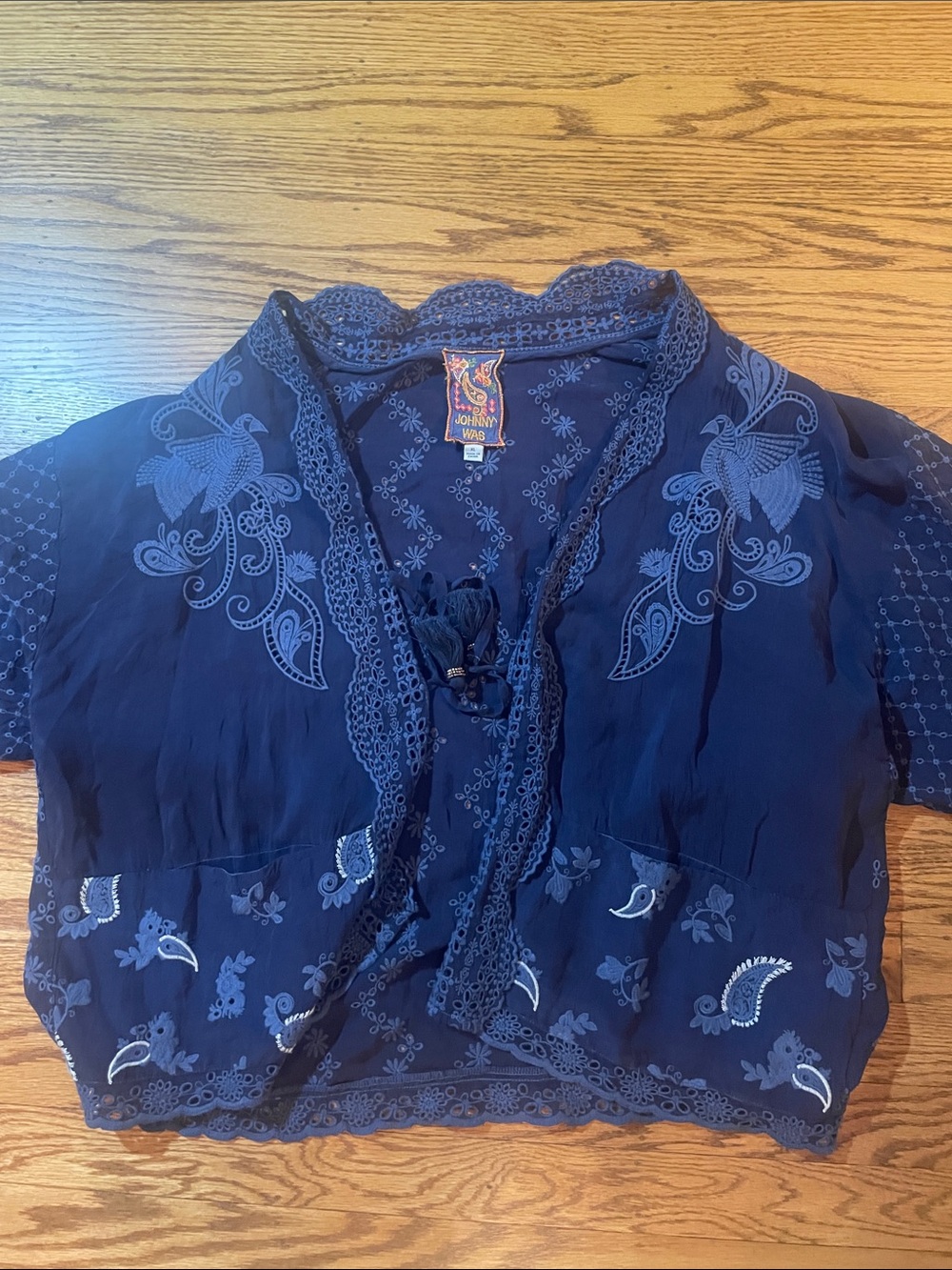 Johnny Was Navy Embroidered Cropped Kimono Top
